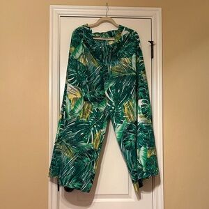 Tropical Green Leaf Print Women's Pants